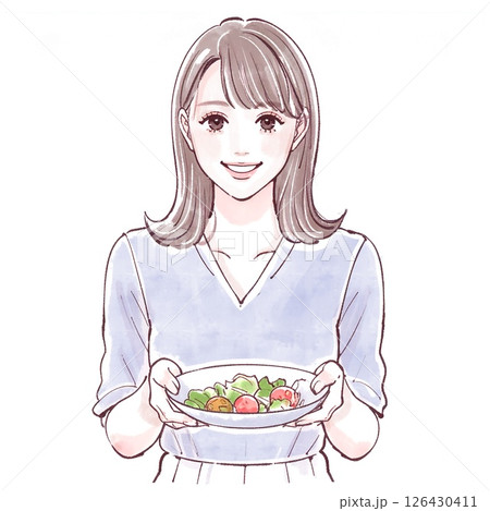 サラダを持った笑顔の女性｜健康・美容・食生活のイラスト素材 126430411