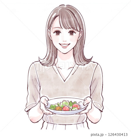 サラダを持った笑顔の女性|健康・美容・食生活のイラスト素材 サラダを持った笑顔の女性|健康・美容・食生活のイラスト素材 126430413