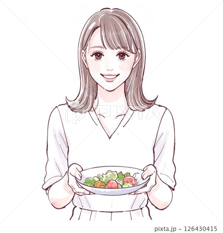 サラダを持った笑顔の女性|健康・美容・食生活のイラスト素材 サラダを持った笑顔の女性|健康・美容・食生活のイラスト素材 126430415