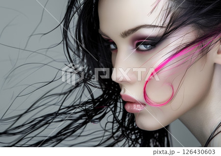 2050年未来トレンドを意識した西洋人奇抜ヘアメイクスタイル 美人女性像を生成AIで表現（横写真） 126430603
