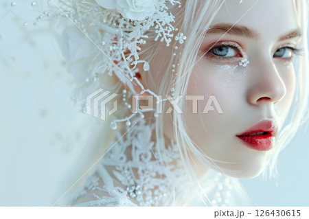 2050年未来トレンドを意識した西洋人奇抜ヘアメイクスタイル 美人女性像を生成AIで表現（横写真） 126430615
