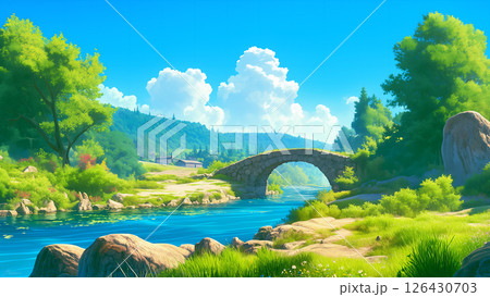 山村の小さな橋と川の風景、アニメ風 126430703