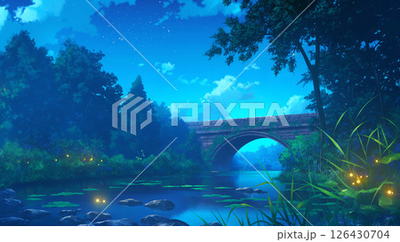 夜の橋と川の風景、アニメ風 126430704