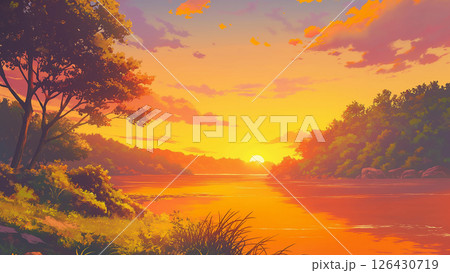 夕焼けに染まる川の風景、アニメ風 126430719