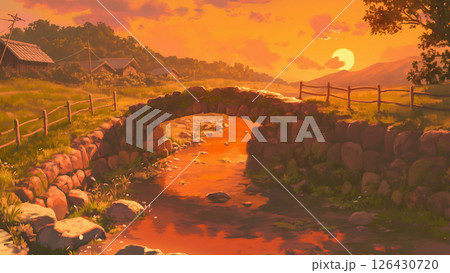 夕方の橋と川の風景、アニメ風 126430720