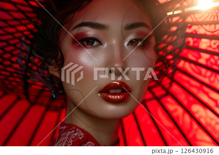トレンドを意識した日本人華麗ヘアメイクスタイル 美人女性像を生成AIで表現（横写真） 126430916