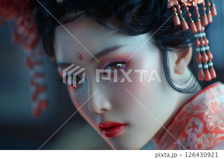 トレンドを意識した日本人華麗ヘアメイクスタイル 美人女性像を生成AIで表現（横写真） 126430921