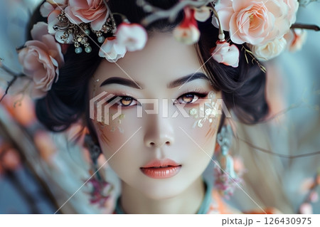 2050年未来トレンドを意識した日本人奇抜ヘアメイクスタイル 美人女性像を生成AIで表現（横写真） 126430975