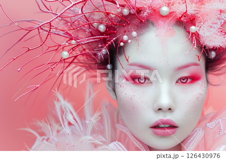 2050年未来トレンドを意識した日本人奇抜ヘアメイクスタイル 美人女性像を生成AIで表現（横写真） 126430976