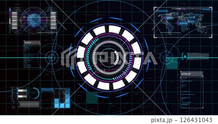 Image of data processing and scope scanning over globe and world map Image of data processing and scope scanning over globe and world map 126431043