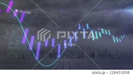 Image of purple and blue graph processing data over cloudy grey cityscape 126431056