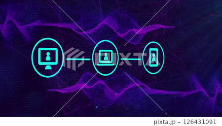 Connected devices image over purple abstract background Connected devices image over purple abstract background 126431091