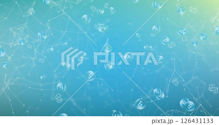 Image of network of connections with currency symbols on blue background 126431133