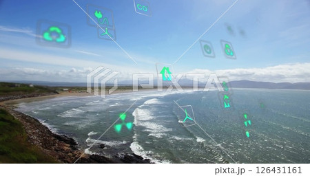 Image of network of eco icons over seascape 126431161