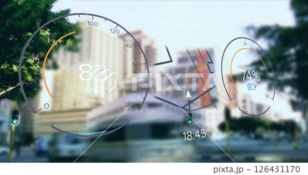 Image of electric car dashboard over city Image of electric car dashboard over city 126431170
