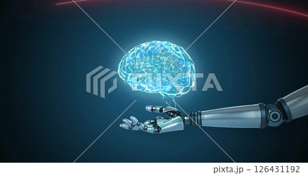 Image of glowing brain hovering above extended robot hand and arm, on dark background Image of glowing brain hovering above extended robot hand and arm, on dark background 126431192