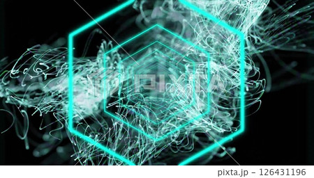 Image of hexagons and green glowing light trails moving over black background 126431196