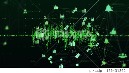 Image of network of connections with icons over data processing on black background 126431262