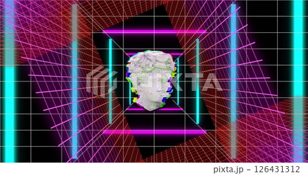 Image of interference over shapes moving and sculpture on black background 126431312