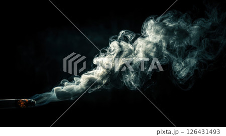 Smoking cigarette with thick white smoke curling in dark background, addiction concept with dramatic light and shadow Smoking cigarette with thick white smoke curling in dark background, addiction concept with dramatic light and shadow 126431493