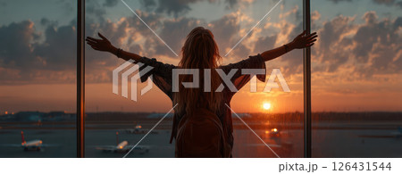 Female traveler stretching arms beside...のイラスト素材 [126431544] - PIXTA