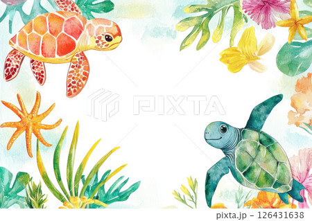 Watercolor summer marine animals border with turtles and starfish 126431638