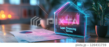 Digital house model displaying loan financing terms with graphs and documents Digital house model displaying loan financing terms with graphs and documents 126431739