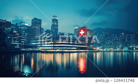 Modern cityscape with glowing hospital symbolizing healthcare support and urban life 126431748