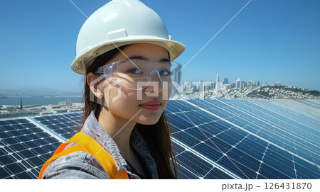 Young Asian engineer wearing hard hat and safety glasses, standing on solar panel rooftop with city skyline in background 126431870