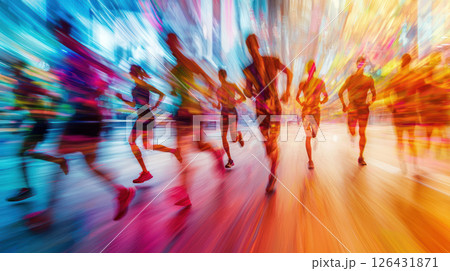 Dynamic marathon runners in vibrant energy, showcasing blurred motion and excitement 126431871