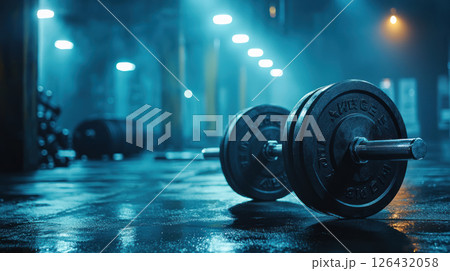 Dumbbells in fitness studio with dramatic lighting create intense atmosphere 126432058
