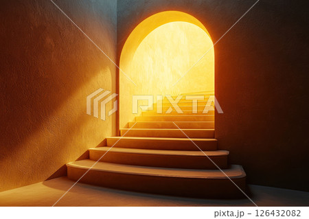 glowing staircase leads to radiant archway, symbolizing hope, success, and enlightenment in serene and warm atmosphere glowing staircase leads to radiant archway, symbolizing hope, success, and enlightenment in serene and warm atmosphere 126432082