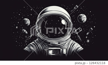 Astronaut helmet floating in space surrounded by planets, stars, and space tools creating mysterious cosmic atmosphere 126432118