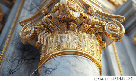 ornate marble column with intricate golden carvings and detailed scrollwork, showcasing luxury and classical design 126432174