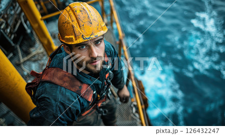 Technician working on oil platform in Gulf of Mexico, focused and determined 126432247