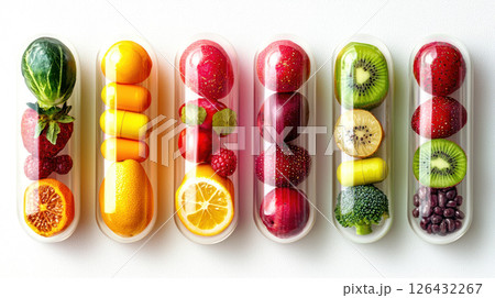 Colorful fruits and vegetables arranged clear capsules white background, showcasing vibrant colors and detailed textures 126432267