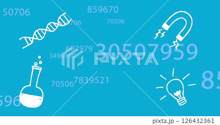 Image of lab icons and data processing on blue background 126432361
