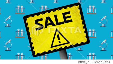 Image of microscope icons and sign with sale text on blue background 126432363