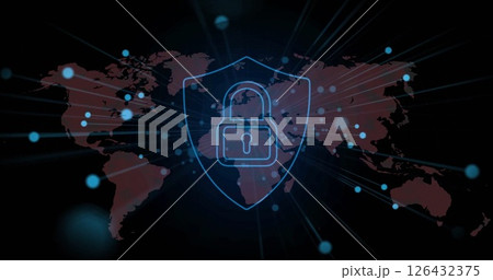 Image of padlock icon and digital data processing over world map Image of padlock icon and digital data processing over world map 126432375