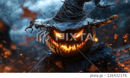 Menacing glowing jack o lantern with sharp teeth wearing twisted witch hat in dark forest with swirling leaves and eerie lighting 126432376