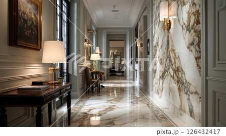 Luxurious hallway with marble floor and wall panels features elegant lighting and classic furniture creating warm and inviting atmosphere 126432417
