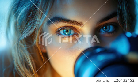 Captivating close up of woman with striking blue eyes, focused on camera lens, showcasing her intense expression and passion for photography 126432452