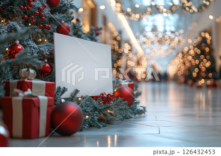 festive shopping mall decorated for Christmas, featuring blank white menu board surrounded by beautifully wrapped gifts, red ornaments, and lush evergreen trees. warm lights create joyful atmosphere 126432453