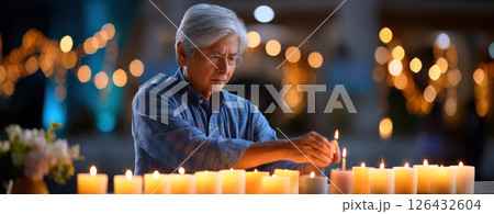 Elderly man lighting candle in peaceful evening with warm glowing lights creating serene and calm atmosphere for reflection and meditation 126432604