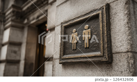 Gender neutral restroom sign on stone wall outside building showing equality and accessibility 126432606