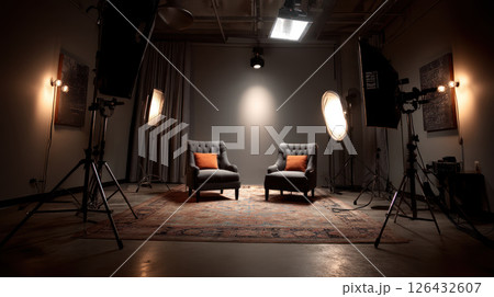 Two gray armchairs with orange pillows patterned rug dimly lit studio with professional lighting and camera equipment creating cozy atmosphere 126432607