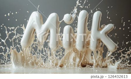 Milk splash liquid word day concept with creamy white fresh dairy product splashing on gray background 126432613