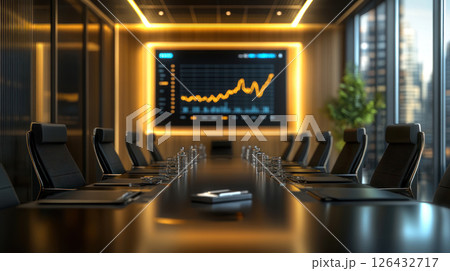 Modern boardroom with black leather chairs and glowing gold chart on screen, creating focused and elegant business atmosphere 126432717