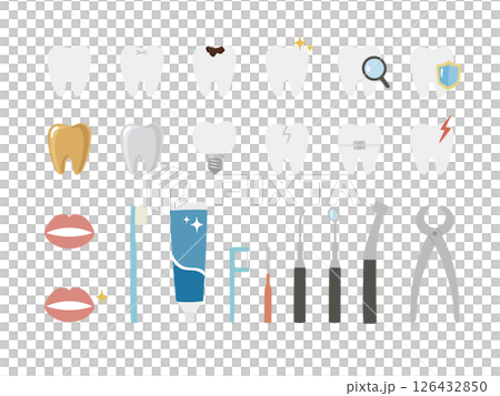 A set of illustrations of teeth and instruments that can be used at a dentist A set of illustrations of teeth and instruments that can be used at a dentist 126432850