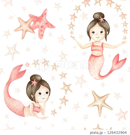 Cute mermaid little girls, stars seamless pattern. Watercolor Children's illustration pastel colors, starfishes isolated from background. Kids design for textile, stationary, packaging, wallpaper 126432904